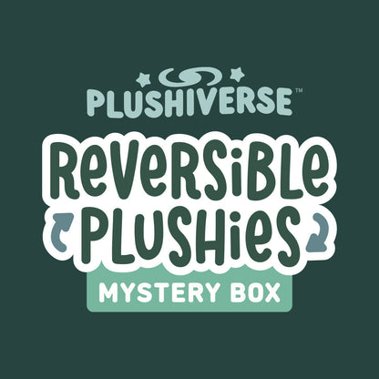 Logo for Plushiverse Myths and Cryptids Reversible Plushie Mystery Box from the TeeTurtle collection, featuring stylized white text on a teal background with a starburst and crown motif.