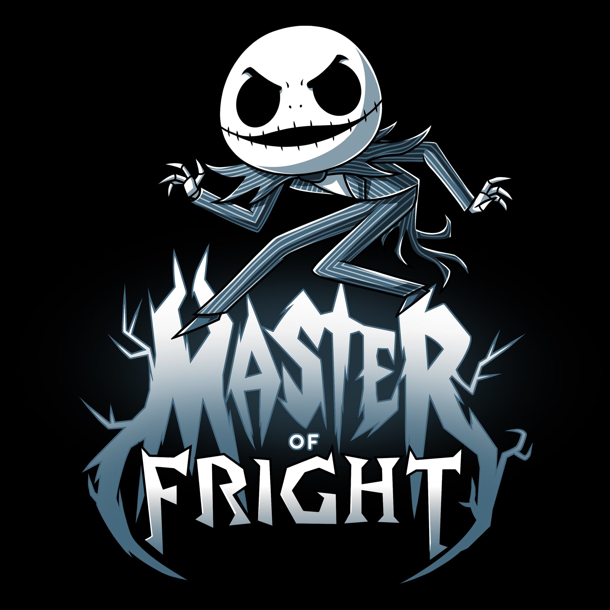 The Nightmare Before Christmas logo for Master of Fright, Jack Skellington, on a T-shirt.