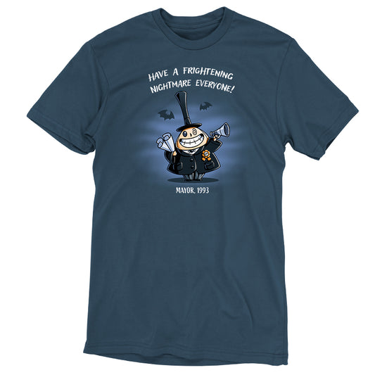 A Have A Frightening Nightmare T-shirt featuring an image of a man with a hat, The Nightmare Before Christmas.