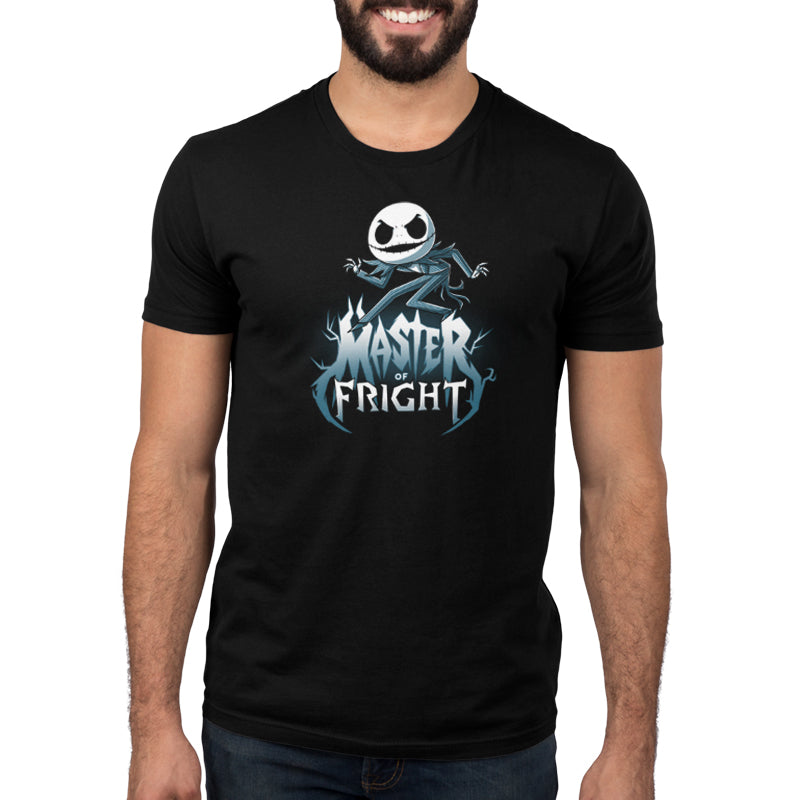 A man wearing a black T-shirt with the Master of Fright from The Nightmare Before Christmas on it.