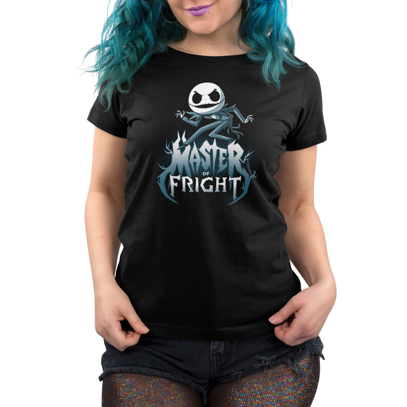 A women's black t-shirt featuring The Nightmare Before Christmas' Jack Skellington character called "Master of Fright".