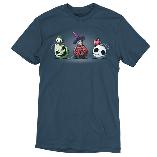 A The Nightmare Before Christmas T-shirt with three Ornaments For Lock, Shock, and Barrel skeletons on it.