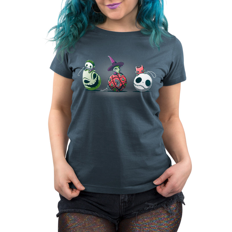 The Nightmare Before Christmas women's T-shirt featuring Ornaments For Lock, Shock, and Barrel.