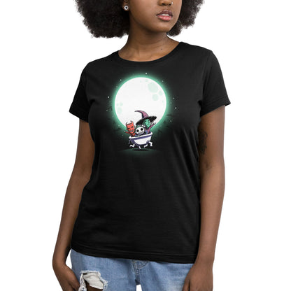 A Lock, Shock, and Barrel (Glow) women's black t-shirt with an image of a witch on the moon from The Nightmare Before Christmas.
