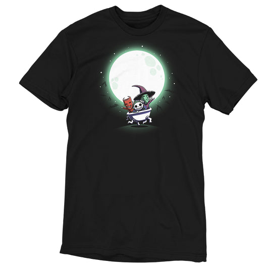 A Lock, Shock, and Barrel (Glow) black t-shirt featuring an image of a witch on the moon from The Nightmare Before Christmas.