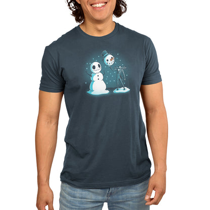 A man wearing a t-shirt with Snowman Jack from The Nightmare Before Christmas on it.