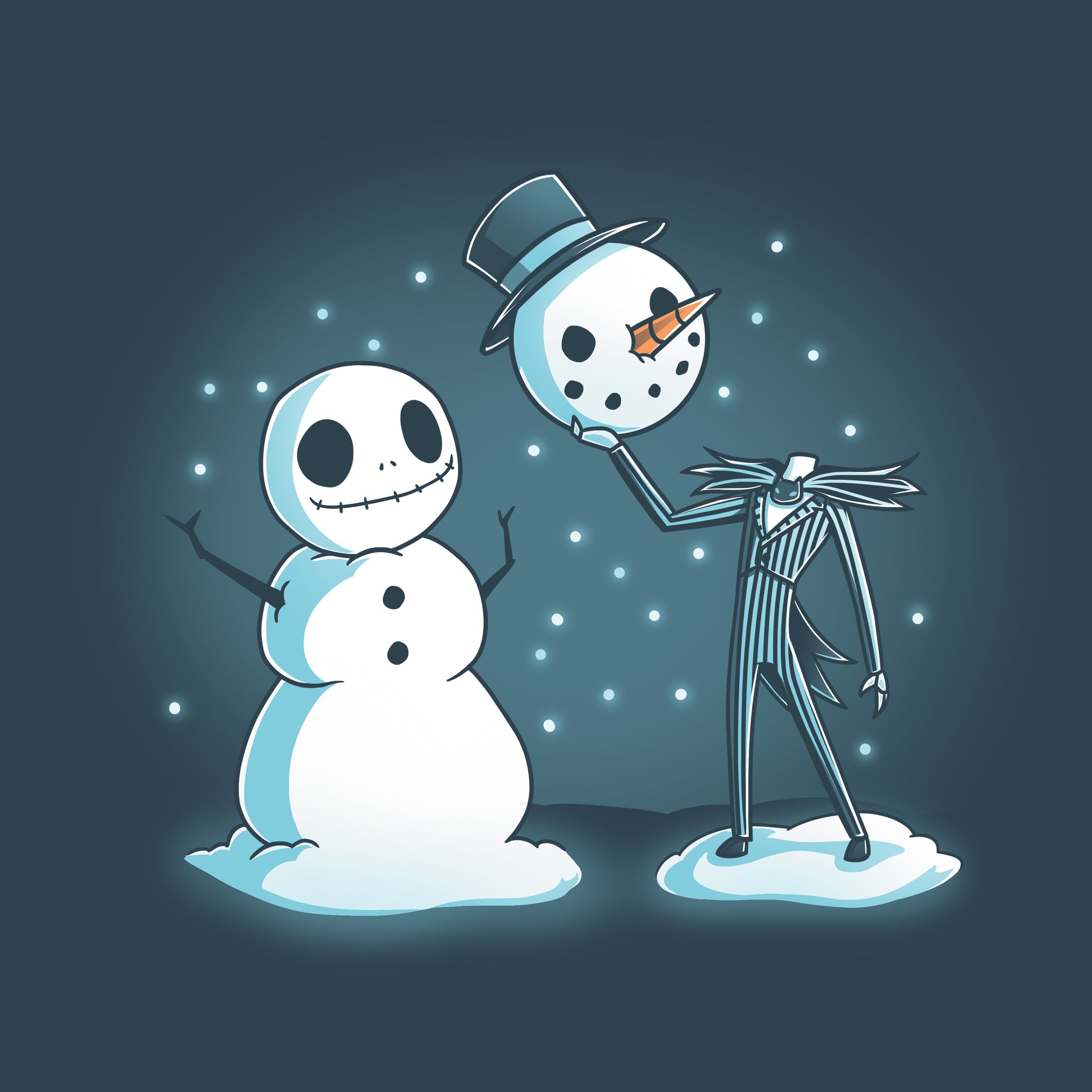 A Snowman King and Snowman Jack from The Nightmare Before Christmas standing next to each other.