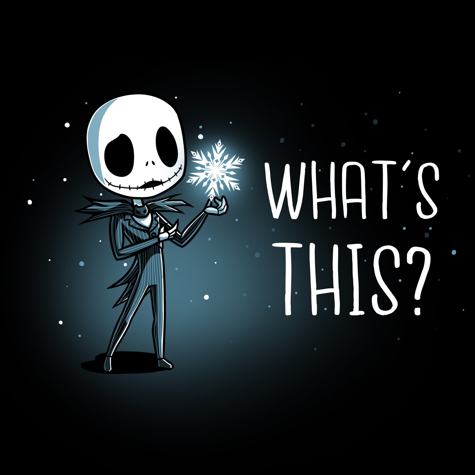 Jack Skellington, the beloved Disney character, is seen holding a snowflake with the words "What's This?". This officially licensed skeleton figure captures the whimsical and curious nature of The Nightmare Before Christmas.