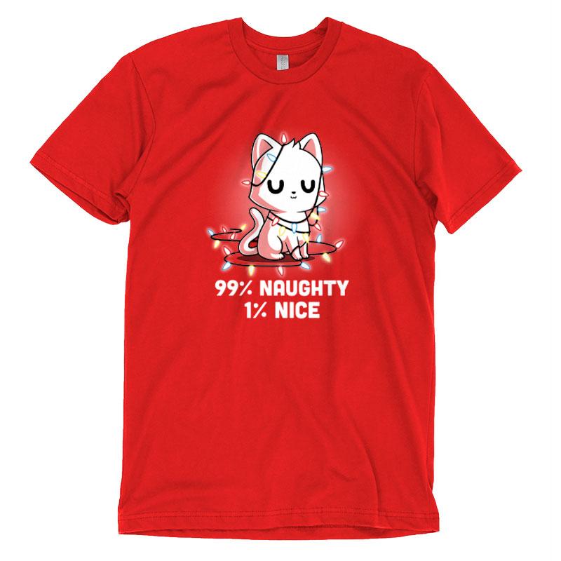 Premium Cotton T-shirt - This monsterdigital Naughty List apparel is a red, super soft ringspun cotton apparelfeaturing an illustration of a cat tangled in Christmas lights with the text "99% Naughty, 1% Nice" below the image.