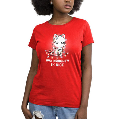 Premium Cotton T-shirt - Person wearing a monsterdigital Naughty List red apparel made from super soft ringspun cotton, featuring an illustration of a cat tangled in Christmas lights and the text "99% Naughty 1% Nice".