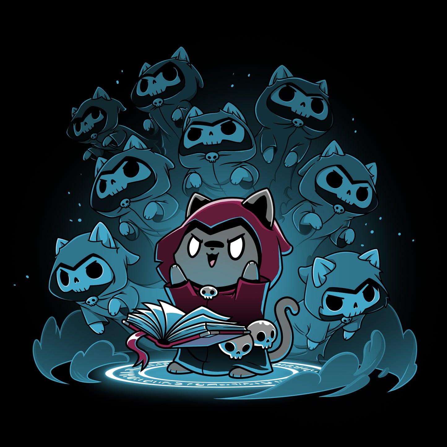 A Necromancer Kitty from TeeTurtle is holding a book in front of a group of monsters.