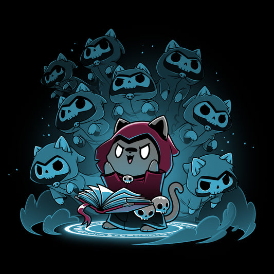 A Necromancer Kitty from TeeTurtle is holding a book in front of a group of monsters.