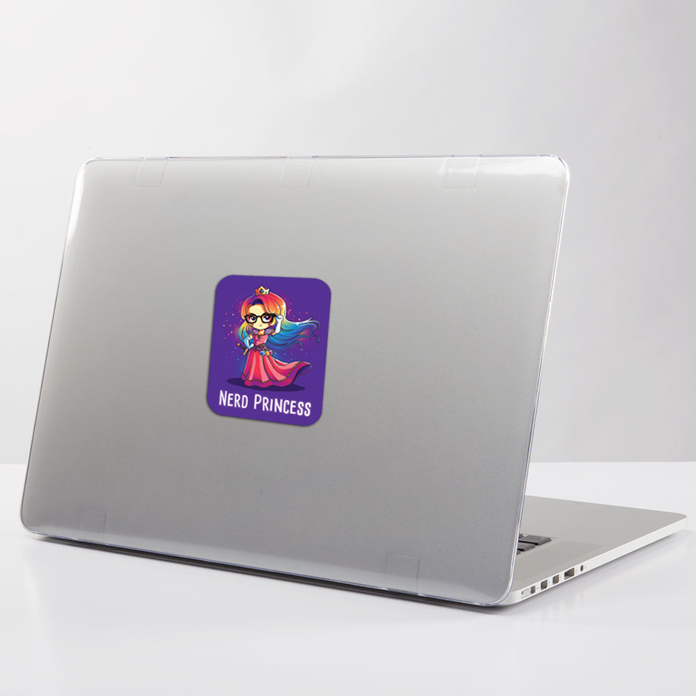 A laptop with a cute red TeeTurtle Nerd Princess Sticker on it.