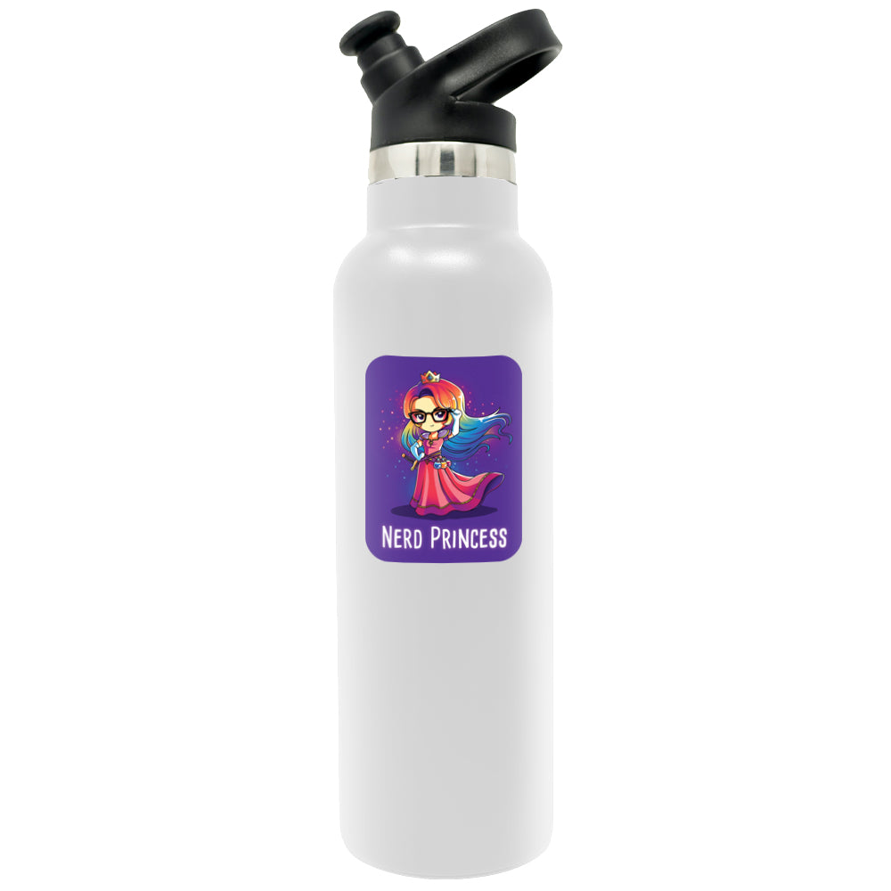 A water-resistant water bottle with a cute Nerd Princess Sticker by TeeTurtle.
