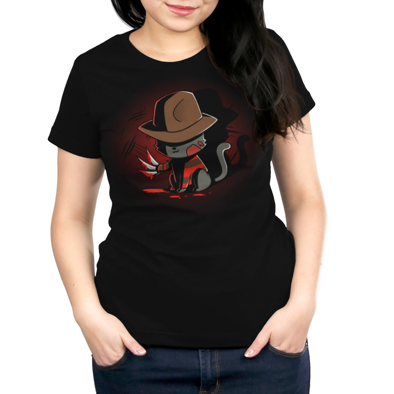 An original Nightmare Cat women's black t-shirt with a spooky image of a cat in a hat by TeeTurtle.