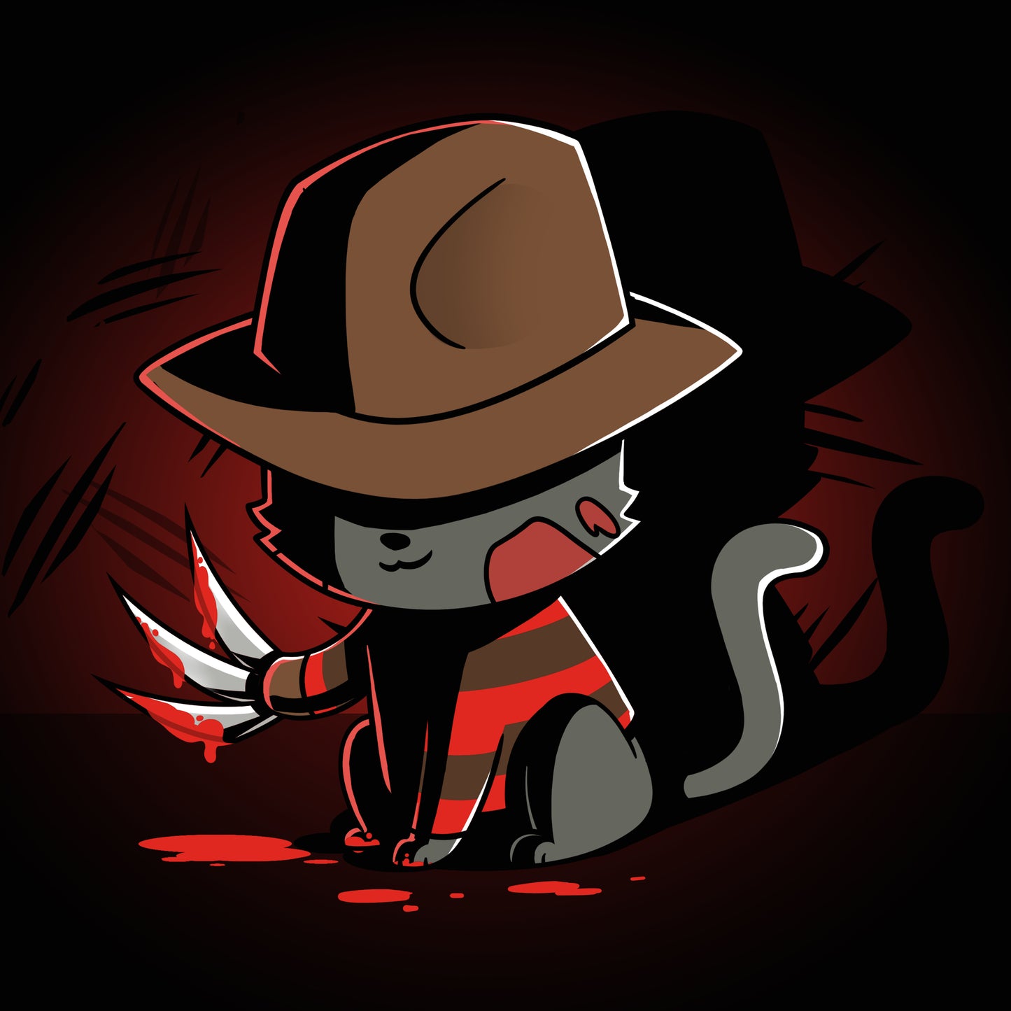 A TeeTurtle Nightmare Cat wearing a hat and holding a knife on a black t-shirt.