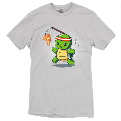 Premium Cotton T-shirt_TeeTurtle silver grey Ninja Training t-shirt featuring a turtle chasing after a pizza slice dangling from a stick strapped to their head.