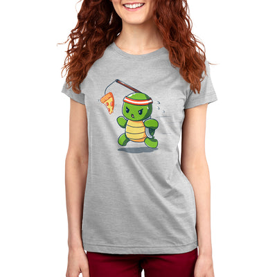Premium Cotton T-shirt_TeeTurtle silver grey Ninja Training t-shirt featuring a turtle chasing after a pizza slice dangling from a stick strapped to their head.
