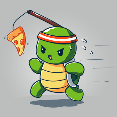 Premium Cotton T-shirt_TeeTurtle silver grey Ninja Training t-shirt featuring a turtle chasing after a pizza slice dangling from a stick strapped to their head.