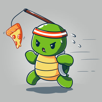 Premium Cotton T-shirt_TeeTurtle Ninja Training silver gray t-shirt featuring a turtle chasing after a pizza slice dangling from a stick strapped to their head.