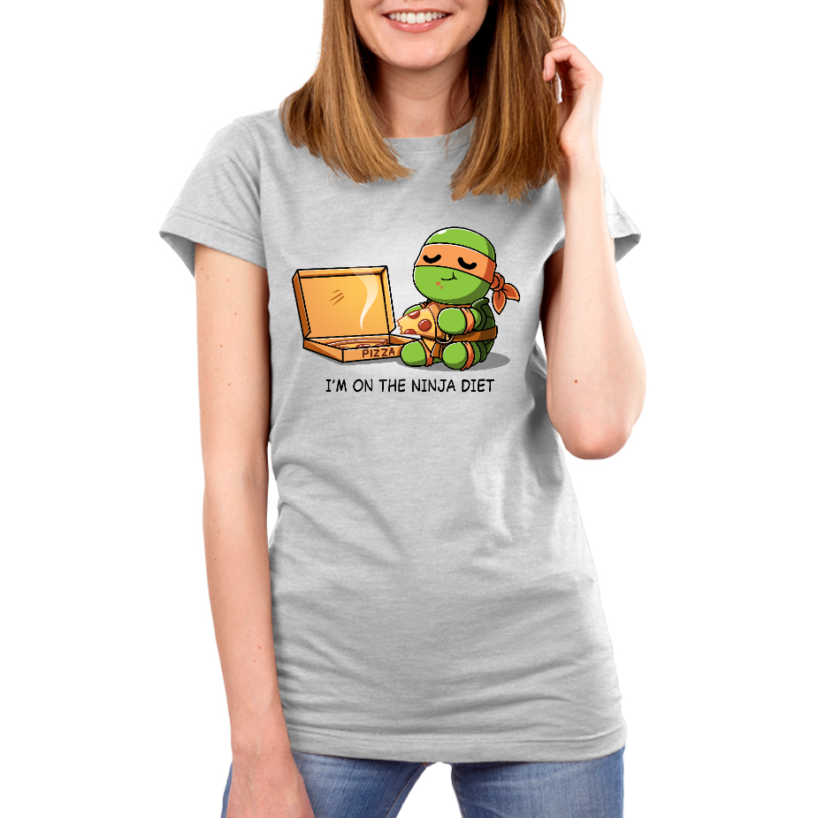 Premium Cotton T-shirt_TeeTurtle silver gray Ninja Diet apparel featuring Michelangelo from Teenage Mutant Ninja Turtles eating a box of pizza, and the caption, "I'm On The Ninja Diet".