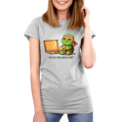 Premium Cotton T-shirt_TeeTurtle silver gray Ninja Diet apparel featuring Michelangelo from Teenage Mutant Ninja Turtles eating a box of pizza, and the caption, "I'm On The Ninja Diet".