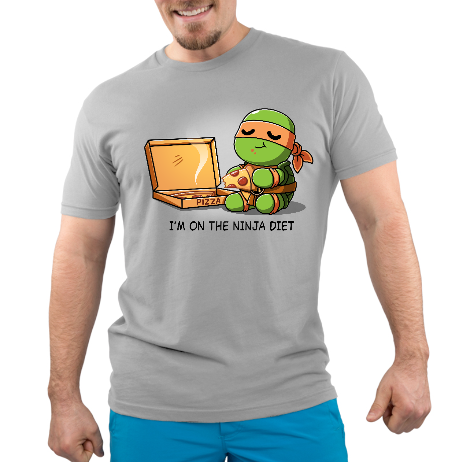 Premium Cotton T-shirt_TeeTurtle silver gray Ninja Diet apparel featuring Michelangelo from Teenage Mutant Ninja Turtles eating a box of pizza, and the caption, "I'm On The Ninja Diet".