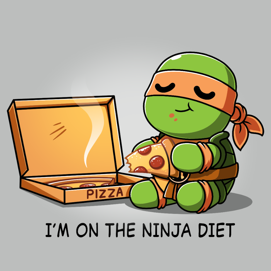 Premium Cotton T-shirt_TeeTurtle silver gray Ninja Diet apparel featuring Michelangelo from Teenage Mutant Ninja Turtles eating a box of pizza, and the caption, "I'm On The Ninja Diet".