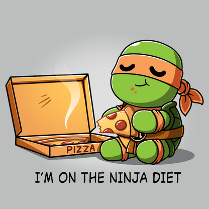 Premium Cotton T-shirt_TeeTurtle silver gray Ninja Diet apparel featuring Michelangelo from Teenage Mutant Ninja Turtles eating a box of pizza, and the caption, "I'm On The Ninja Diet".