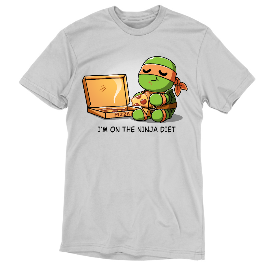 Premium Cotton T-shirt_TeeTurtle silver gray Ninja Diet apparel featuring Michelangelo from Teenage Mutant Ninja Turtles eating a box of pizza, and the caption, "I'm On The Ninja Diet".