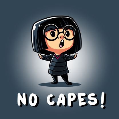 A Disney cartoon character with glasses and a sign that says No Capes, inspired by Edna "E" Mode and available as officially licensed Disney products.