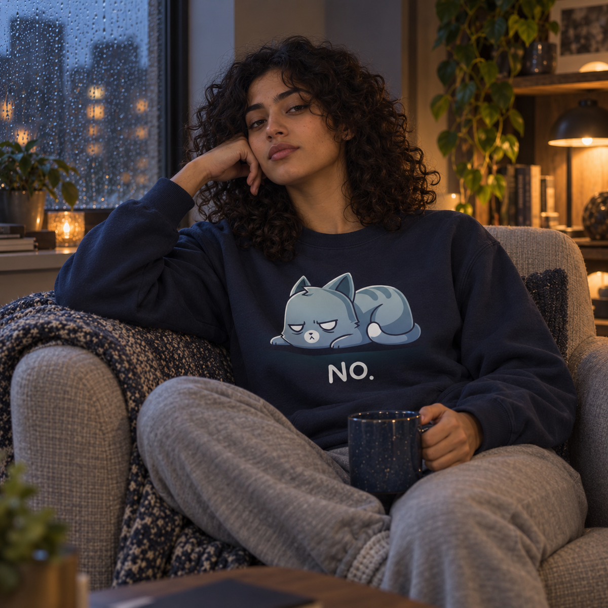 Crew Neck Sweatshirt_TeeTurtle navy No. (Cat) Crew Neck Sweatshirt featuring an unimpressed blue-gray tabby cat lying flat with a grumpy expression and the text "No."