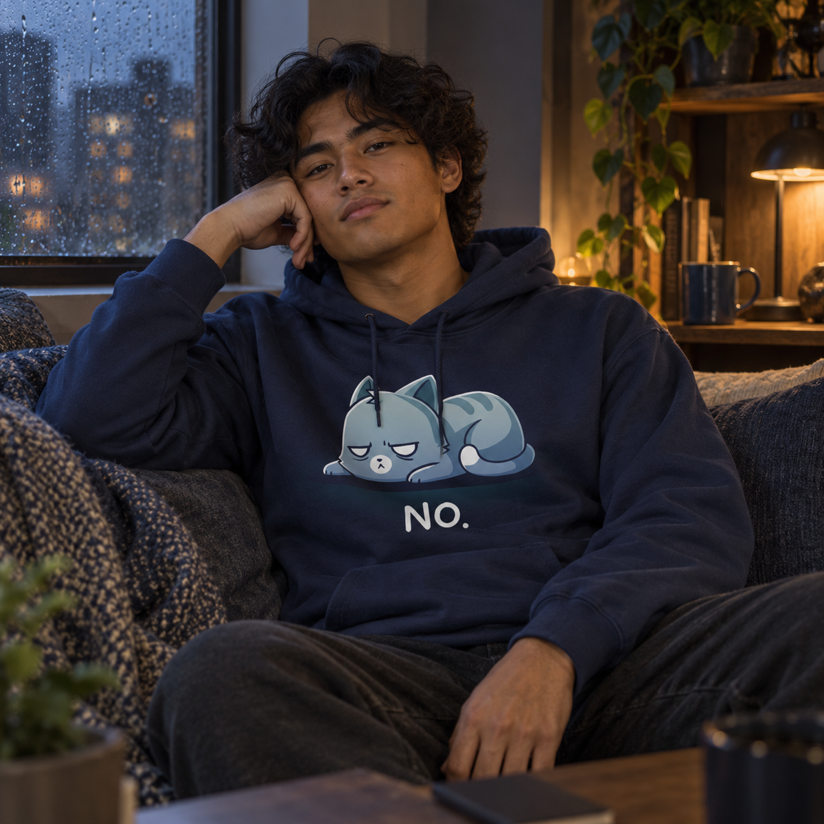 Pullover Hoodie_TeeTurtle navy No. (Cat) Pullover Hoodie featuring an unimpressed blue-gray tabby cat lying flat with a grumpy expression and the text "No."