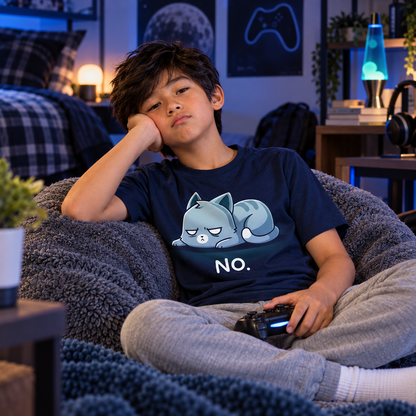 Kids' Classic T-Shirt_TeeTurtle navy No. (Cat) Kids' Classic T-Shirt featuring an unimpressed blue-gray tabby cat lying flat with a grumpy expression and the text "No."