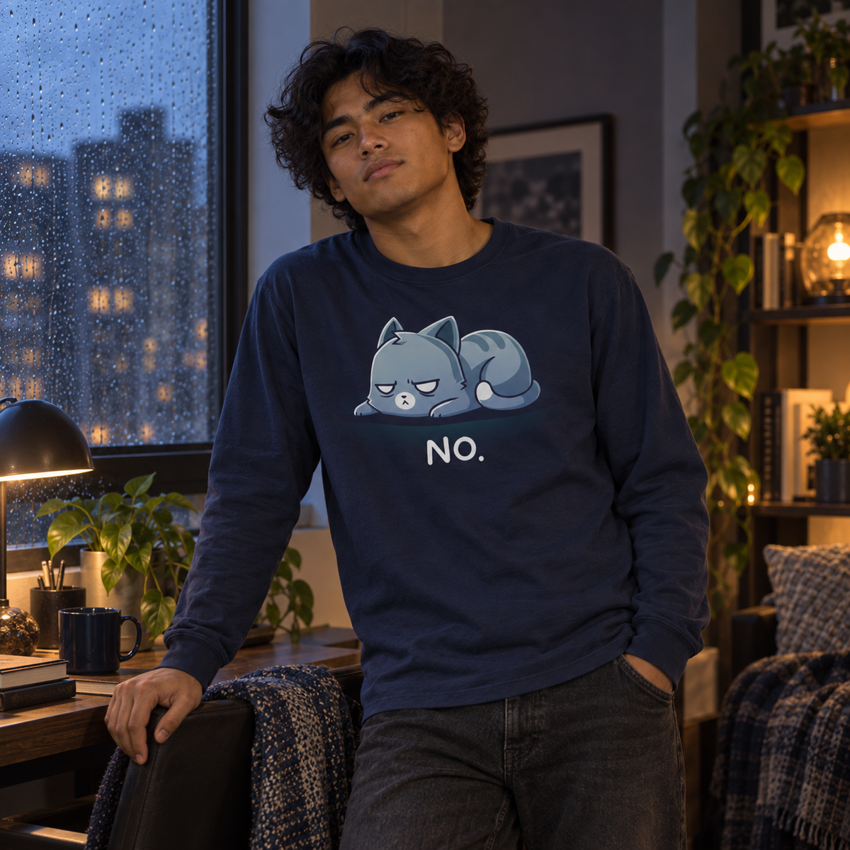 Long Sleeve T-shirt_TeeTurtle navy No. (Cat) Long Sleeve T-shirt featuring an unimpressed blue-gray tabby cat lying flat with a grumpy expression and the text "No."