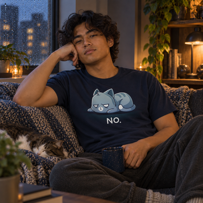 Men's Premium T-Shirt_TeeTurtle navy No. (Cat) Men's Premium T-Shirt featuring an unimpressed blue-gray tabby cat lying flat with a grumpy expression and the text "No."