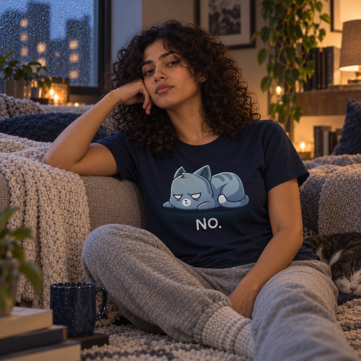 Women's Premium T-Shirt_TeeTurtle navy No. (Cat) Women's Premium T-Shirt featuring an unimpressed blue-gray tabby cat lying flat with a grumpy expression and the text "No."