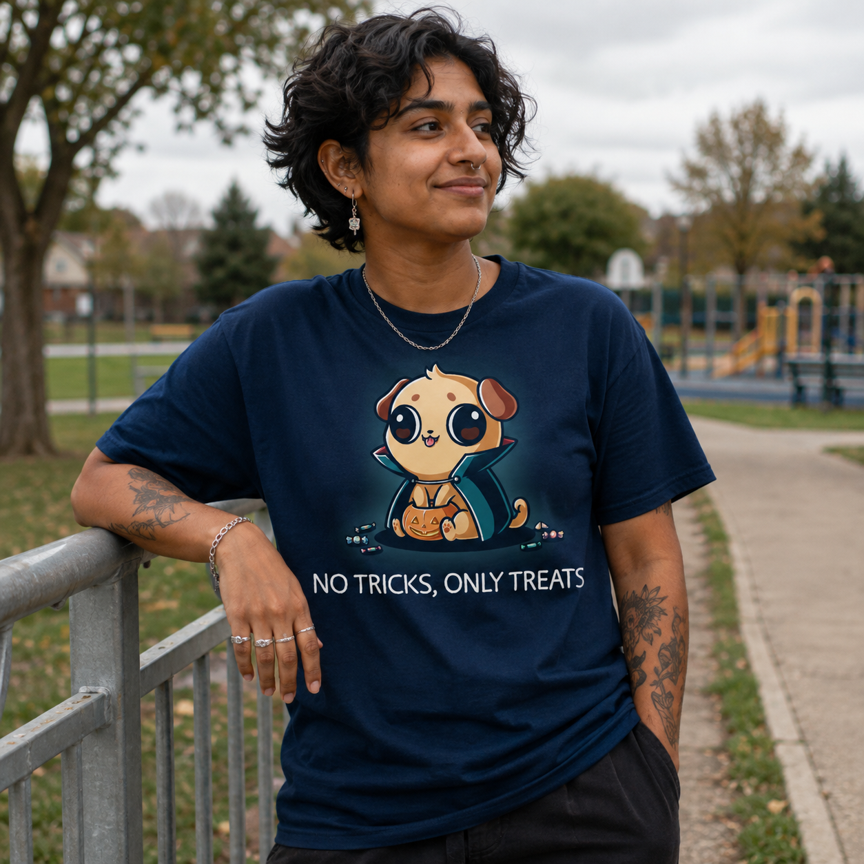 Premium Cotton T-shirt_TeeTurtle navy No Tricks, Only Treats Premium Cotton T-shirt featuring a pug wearing a superhero cape while carrying a bucket of Halloween candy beneath the phrase "No Tricks, Only Treats."