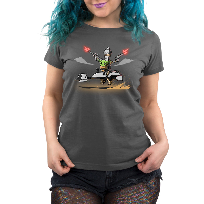 A women's officially licensed Star Wars Grogu t-shirt featuring an image of a woman holding a sword from the Nurse and Protect collection.