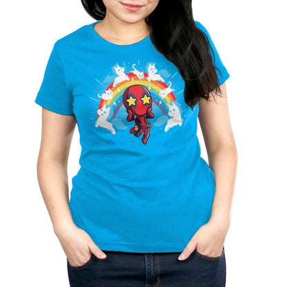 A woman wearing an officially licensed OMG Deadpool! T-shirt by Marvel - Deadpool/X-Men.