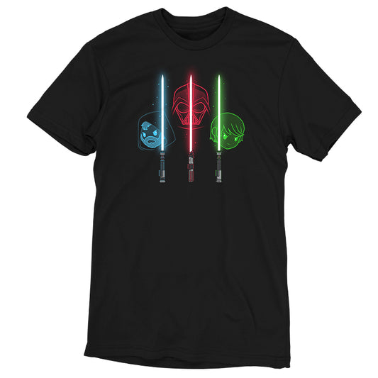 Officially licensed Star Wars black cotton T-shirt featuring three Obi Wan Kenobi, Darth Vader & Luke Skywalker lightsabers.