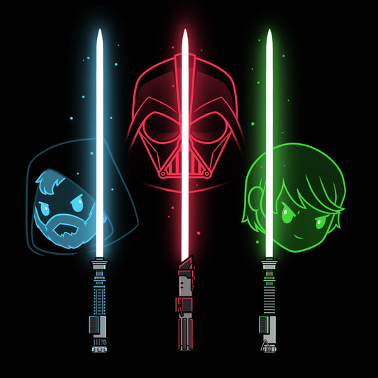 Three officially licensed Star Wars lightsabers (Obi Wan Kenobi, Darth Vader & Luke Skywalker) are shown on a black background.