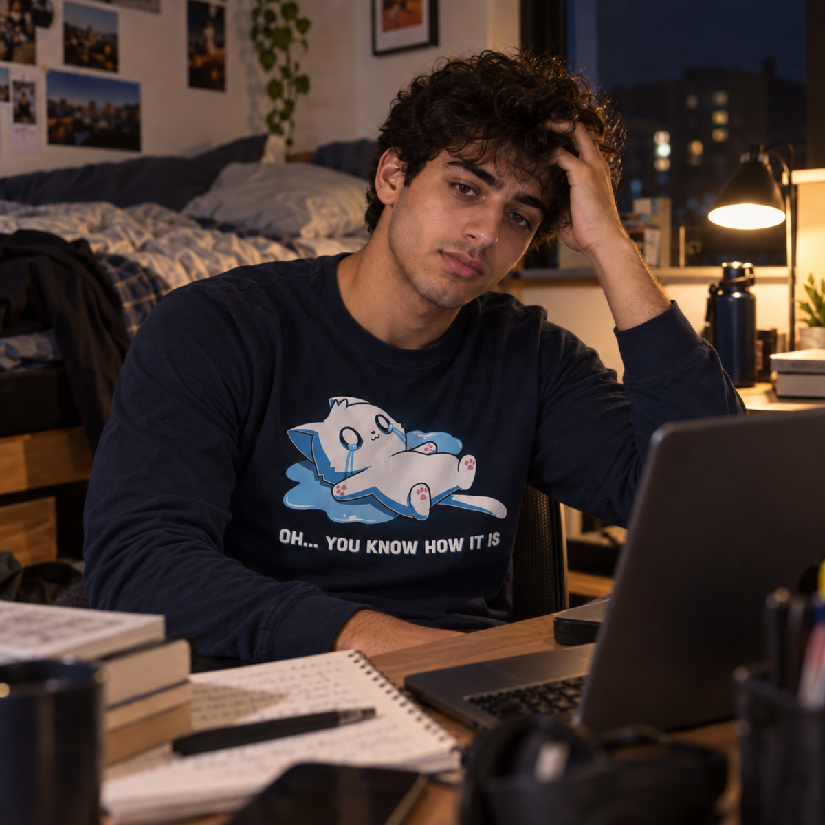 ApparelOh... You Know How It IsShop Oh... You Know How It Is, a funny cat graphic t-shirt featuring an overwhelmed crying kitty. A cute, relatable t-shirt for difficult days.