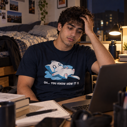 ApparelOh... You Know How It IsShop Oh... You Know How It Is, a funny cat graphic t-shirt featuring an overwhelmed crying kitty. A cute, relatable t-shirt for difficult days.