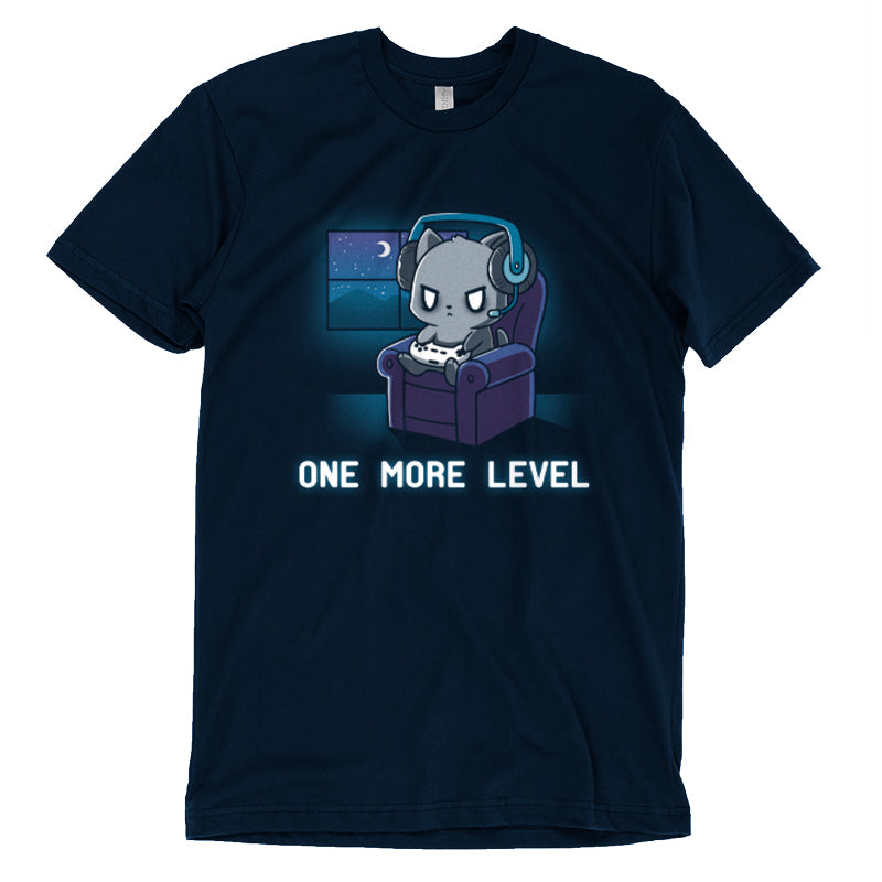 A navy blue gamer t-shirt with the phrase "One More Level" by TeeTurtle.