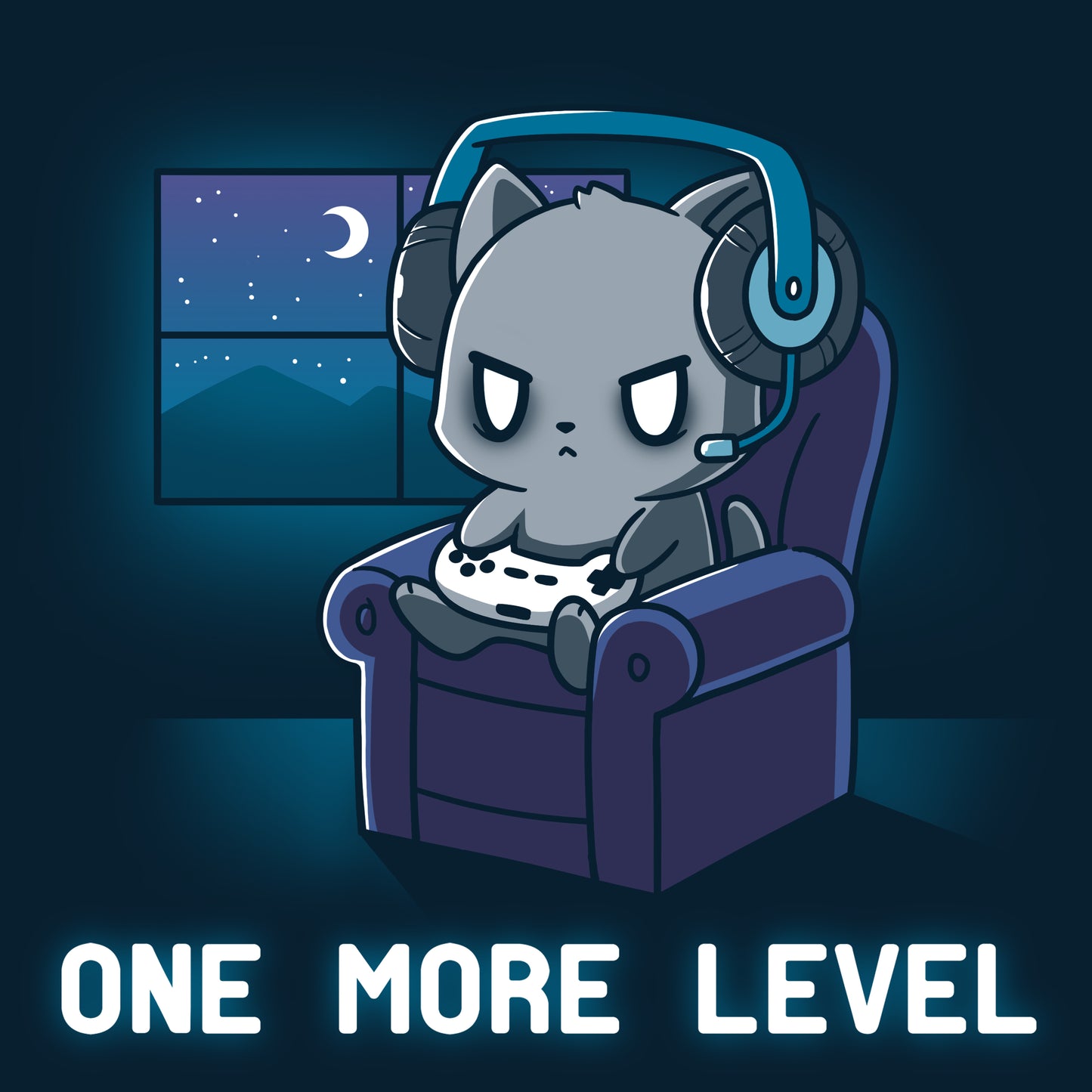 A Navy Blue One More Level t-shirt featuring a gamer cat sitting in a chair with headphones and the words one more level, made by TeeTurtle.