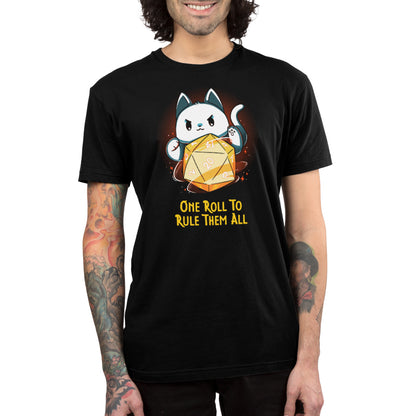 A comfortable black One Roll To Rule Them All gaming t-shirt featuring a cat holding a dice from TeeTurtle.