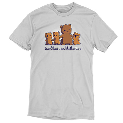 Premium Cotton T-shirt_TeeTurtle One of These is Not Like the Otters silver gray t-shirt featuring three small brown otters and one larger brown bear smiling and standing side by side holding hands with two otters, with the caption "One of these is not like the otters" in cute kawaii script. 