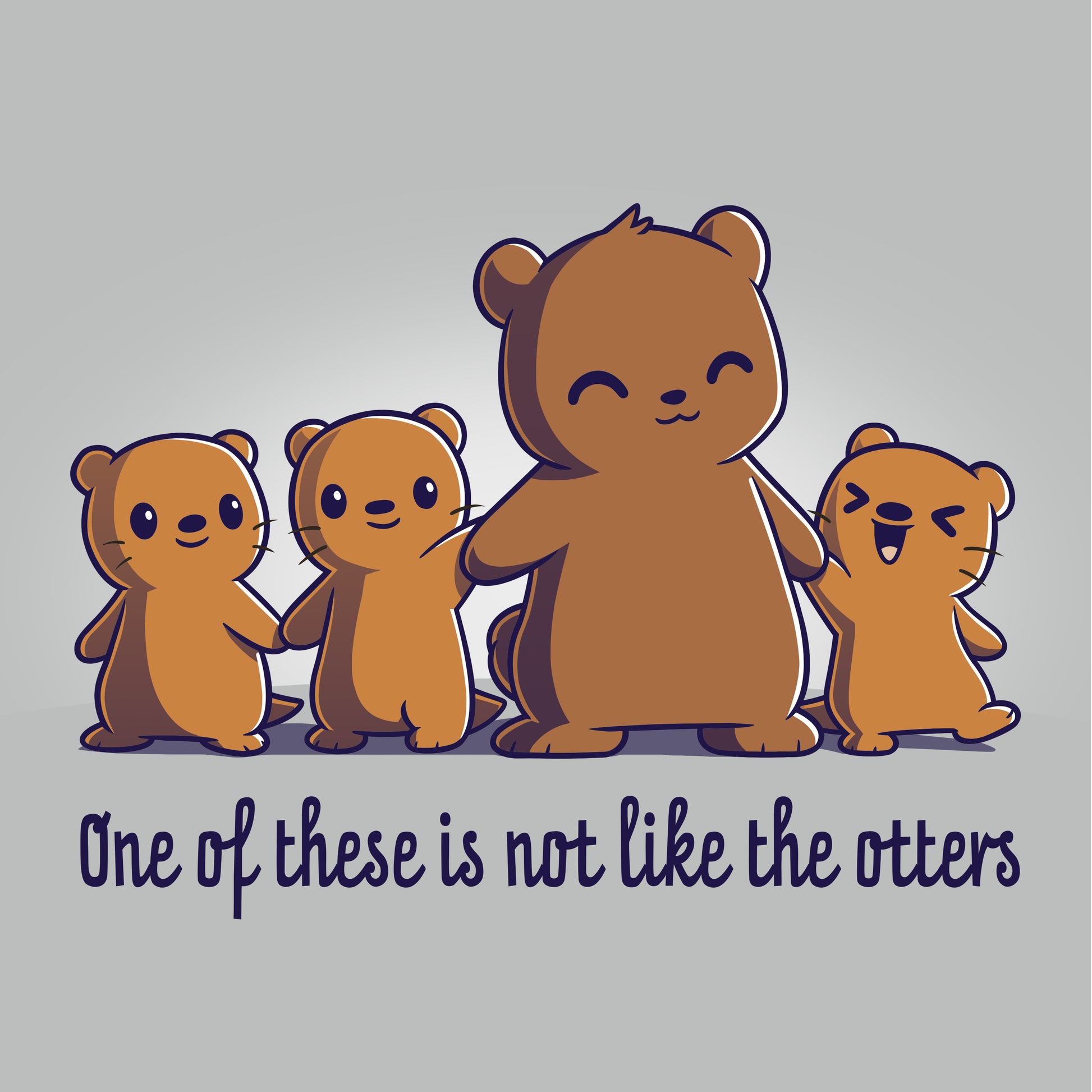 Premium Cotton T-shirt_TeeTurtle One of These is Not Like the Otters silver gray t-shirt featuring three small brown otters and one larger brown bear smiling and standing side by side holding hands with two otters, with the caption "One of these is not like the otters" in cute kawaii script. 