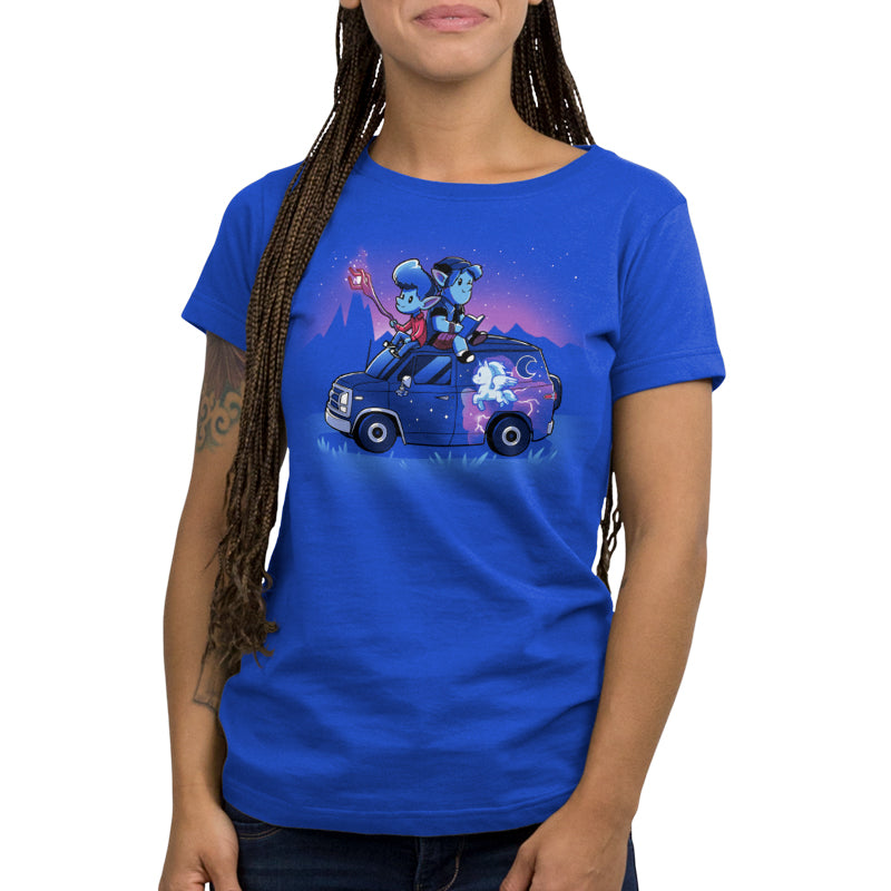 An officially licensed Disney Onward women's t-shirt featuring an image of a woman riding a car.